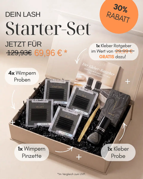 Lash Starter-Set von VIELLA LASHES mit vier Wimpern-Trays in Easy Fan, Silk, Velvet und Flat (0.03, 0.05 und 0.15 D Mix), goldener Wimpern-Pinzette, Top Glue Kleber-Probe und gratis Kleber-Ratgeber – 30% Rabatt für Wimpernstylistinnen.