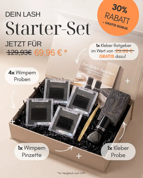 Lash Starter-Set von VIELLA LASHES mit vier Wimpern-Trays in Easy Fan, Silk, Velvet und Flat (0.03, 0.05 und 0.15 D Mix), goldener Wimpern-Pinzette, Top Glue Kleber-Probe und gratis Kleber-Ratgeber – 30% Rabatt für Wimpernstylistinnen.