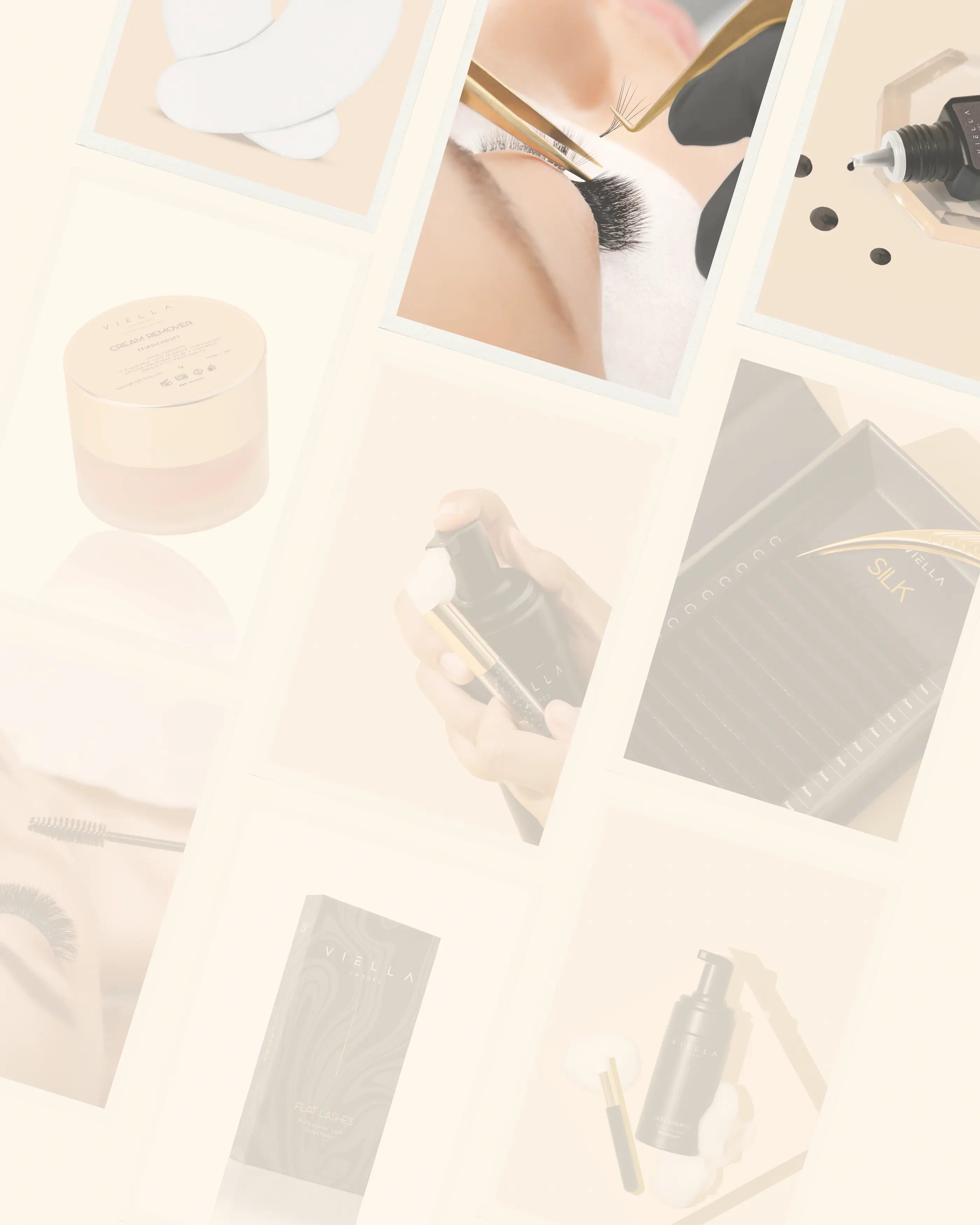 Produktübersicht VIELLA LASHES: Cream Remover, Silk Lashes, Wimpernkleber und Lash-Zubehör für professionelle Wimpernverlängerung – hochwertige Lash-Extension-Produkte für Stylistinnen im DACH-Raum
