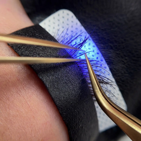 UV Wimpernverlängerung Anwendung mit VIELLA LASHES UV Glue – präzises Platzieren der Lash Extensions mit Pinzette, UV-Licht-Aushärtung für maximale Haftung, professionelle Technik für selbstständige Wimpernstylistinnen im DACH Raum