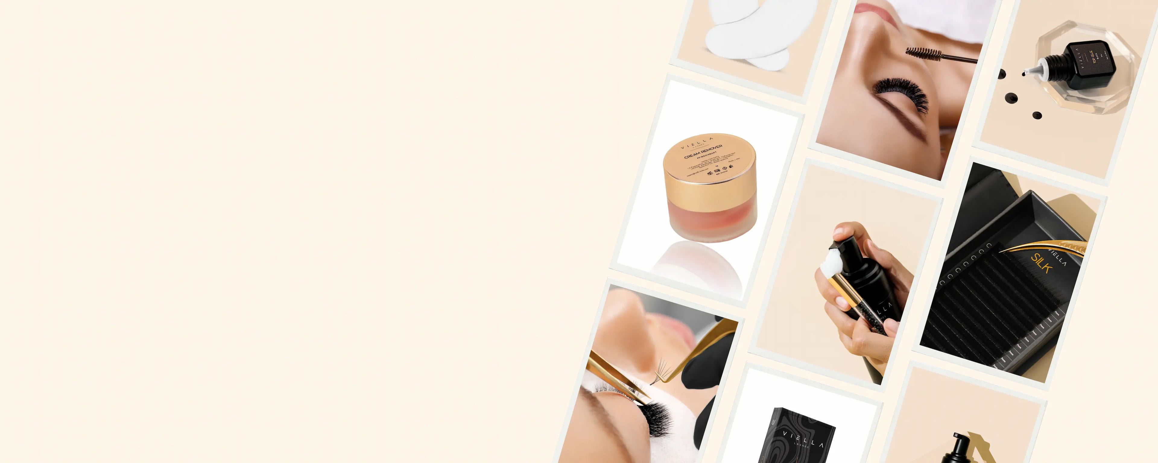 Produktübersicht VIELLA LASHES: Cream Remover, Silk Lashes, Wimpernkleber und Lash-Zubehör für professionelle Wimpernverlängerung – hochwertige Lash-Extension-Produkte für Stylistinnen im DACH-Raum