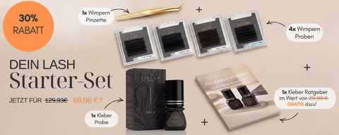 Lash Starter-Set von VIELLA LASHES mit vier Wimpern-Trays in Easy Fan, Silk, Velvet und Flat (0.03, 0.05 und 0.15 D Mix), goldener Wimpern-Pinzette, Top Glue Kleber-Probe und gratis Kleber-Ratgeber – 30% Rabatt für Wimpernstylistinnen.