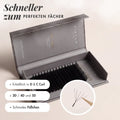 Speed Fans Fast Lashes von VIELLA LASHES in geöffneter Box für professionelle Wimpernverlängerung – erhältlich in D und C Curl, als 3D, 4D und 5D, mit schmalem Füßchen für schnelle, saubere und gleichmäßige Fächer.