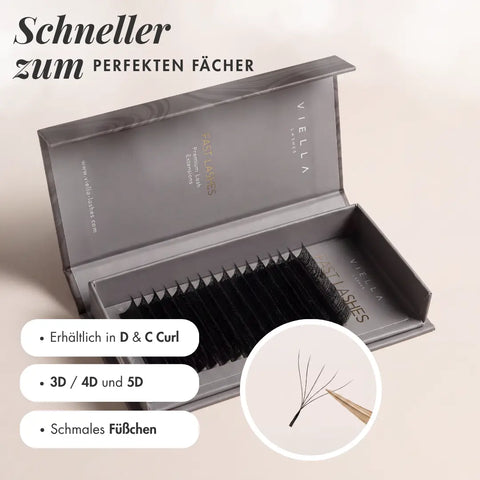 Speed Fans Fast Lashes von VIELLA LASHES in geöffneter Box für professionelle Wimpernverlängerung – erhältlich in D und C Curl, als 3D, 4D und 5D, mit schmalem Füßchen für schnelle, saubere und gleichmäßige Fächer.