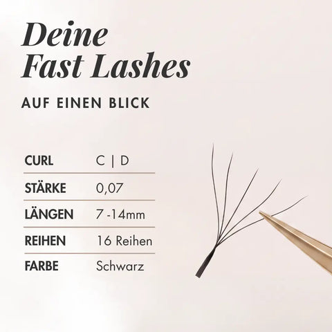 Speed Fans Fast Lashes von VIELLA LASHES auf einen Blick – erhältlich in C und D Curl, mit 0,07 Stärke, Längen von 7 bis 14 mm, 16 Reihen und in Schwarz für die professionelle Wimpernverlängerung.