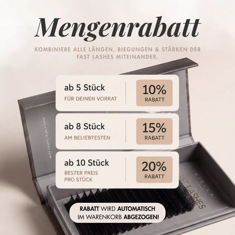 Speed Fans von VIELLA LASHES mit Mengenrabatt für professionelle Wimpernverlängerung – 10 % Rabatt ab 5 Stück, 15 % ab 8 Stück und 20 % ab 10 Stück, kombinierbar über alle Längen, Biegungen und Stärken.