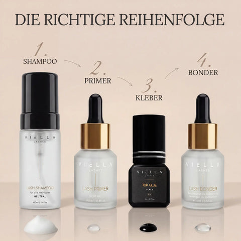 VIELLA LASHES Anwendung in 4 Schritten – Lash Shampoo, Primer, Kleber und Bonder für perfekte Wimpernverlängerung Schritt für Schritt
