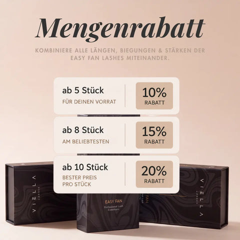 Mengenrabatt auf VIELLA LASHES Easy Fan Lashes für professionelle Wimpernverlängerungen: 10 % ab 5 Boxen, 15 % ab 8 Boxen und 20 % ab 10 Boxen – Längen, Biegungen und Stärken frei kombinierbar.
