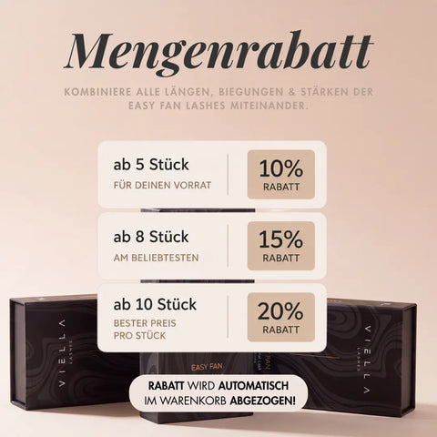 Mengenrabatt auf VIELLA LASHES Easy Fan Lashes für professionelle Wimpernverlängerungen: 10 % ab 5 Boxen, 15 % ab 8 Boxen und 20 % ab 10 Boxen – Längen, Biegungen und Stärken frei kombinierbar.