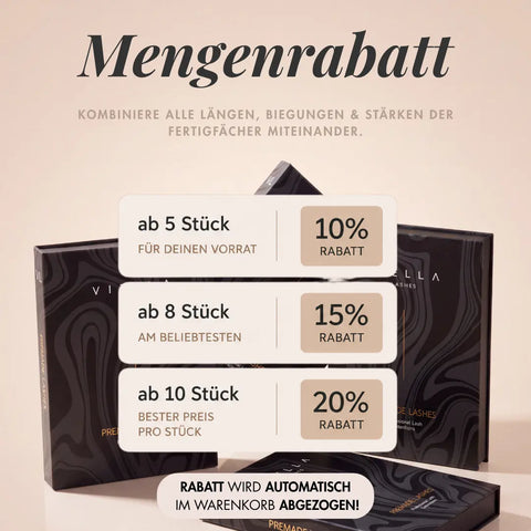 Mengenrabatt auf VIELLA LASHES Fertigfächer: 10 % ab 5 Boxen, 15 % ab 8 Boxen und 20 % ab 10 Boxen – Längen, Biegungen und Stärken frei kombinierbar.