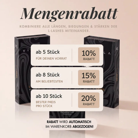 Mengenrabatt auf VIELLA LASHES L-Lashes: 10 % ab 5 Boxen, 15 % ab 8 Boxen und 20 % ab 10 Boxen – Längen, Biegungen und Stärken frei kombinierbar.