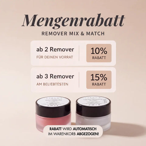 Mengenrabatt auf VIELLA LASHES Wimpern-Remover: 10 % Rabatt ab 2 Stück und 15 % Rabatt ab 4 Stück – Cream und Jelly Remover frei kombinierbar.
