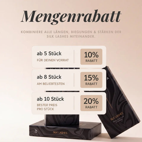 Mengenrabatt auf VIELLA LASHES Silk Lashes: 10 % ab 5 Boxen, 15 % ab 8 Boxen und 20 % ab 10 Boxen – Längen, Biegungen und Stärken frei kombinierbar.
