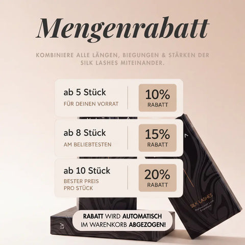 Mengenrabatt auf VIELLA LASHES Silk Lashes: 10 % ab 5 Boxen, 15 % ab 8 Boxen und 20 % ab 10 Boxen – Längen, Biegungen und Stärken frei kombinierbar.