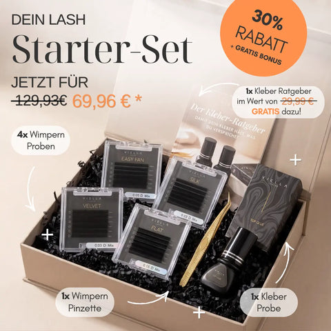VIELLA LASHES Starter-Set für Wimpernverlängerung – 4 Wimpern Proben, Pinzette, Top Glue Kleber und Kleber-Ratgeber für Lash Stylistinnen