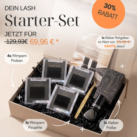 VIELLA LASHES Starter-Set für Wimpernverlängerung – 4 Wimpern Proben, Pinzette, Top Glue Kleber und Kleber-Ratgeber für Lash Stylistinnen