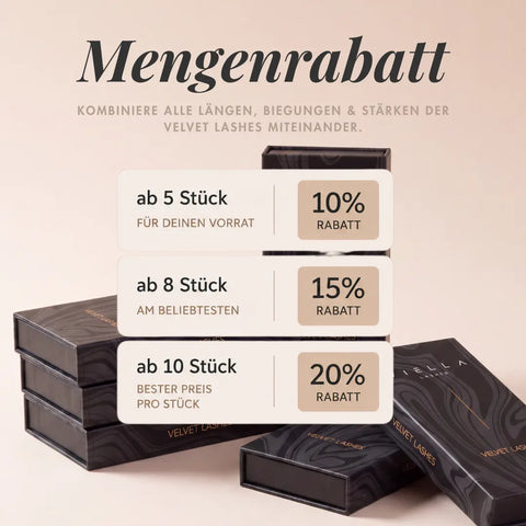 Mengenrabatt auf VIELLA LASHES Velvet Lashes für professionelle Wimpernverlängerungen: 10 % ab 5 Boxen, 15 % ab 8 Boxen und 20 % ab 10 Boxen – Längen, Biegungen und Stärken frei kombinierbar.