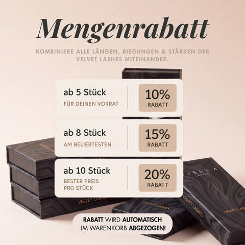 Mengenrabatt auf VIELLA LASHES Velvet Lashes für professionelle Wimpernverlängerungen: 10 % ab 5 Boxen, 15 % ab 8 Boxen und 20 % ab 10 Boxen – Längen, Biegungen und Stärken frei kombinierbar.